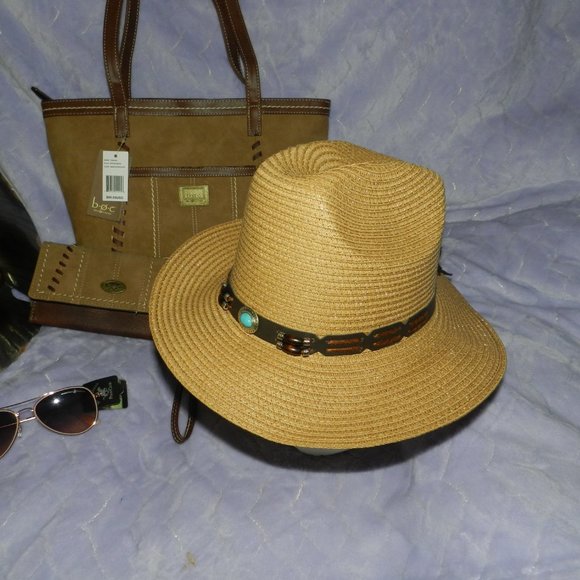 Lulla Collection Wide Brim Woven Straw Hat Beaded Turquoise Band NWT/NEW! - Picture 5 of 14